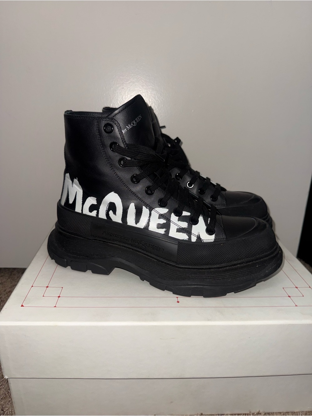 Alexander McQueen Black Leather High-Top Logo Boots Size 10